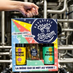 coffret Tandem : 2 bouteilles 75cl de bières Poule Mouillée et Bonne Pioche + un verre